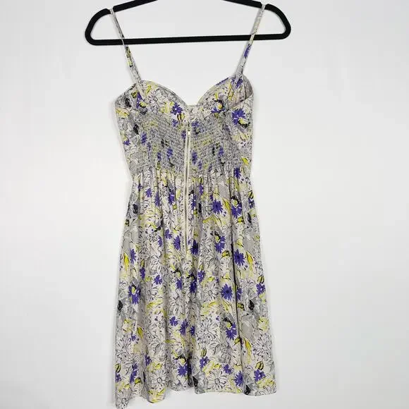 Parker Small S Gray Purple Yellow Silk Floral Dress Sweetheart Neckline Zip Back - Picture 2 of 12
